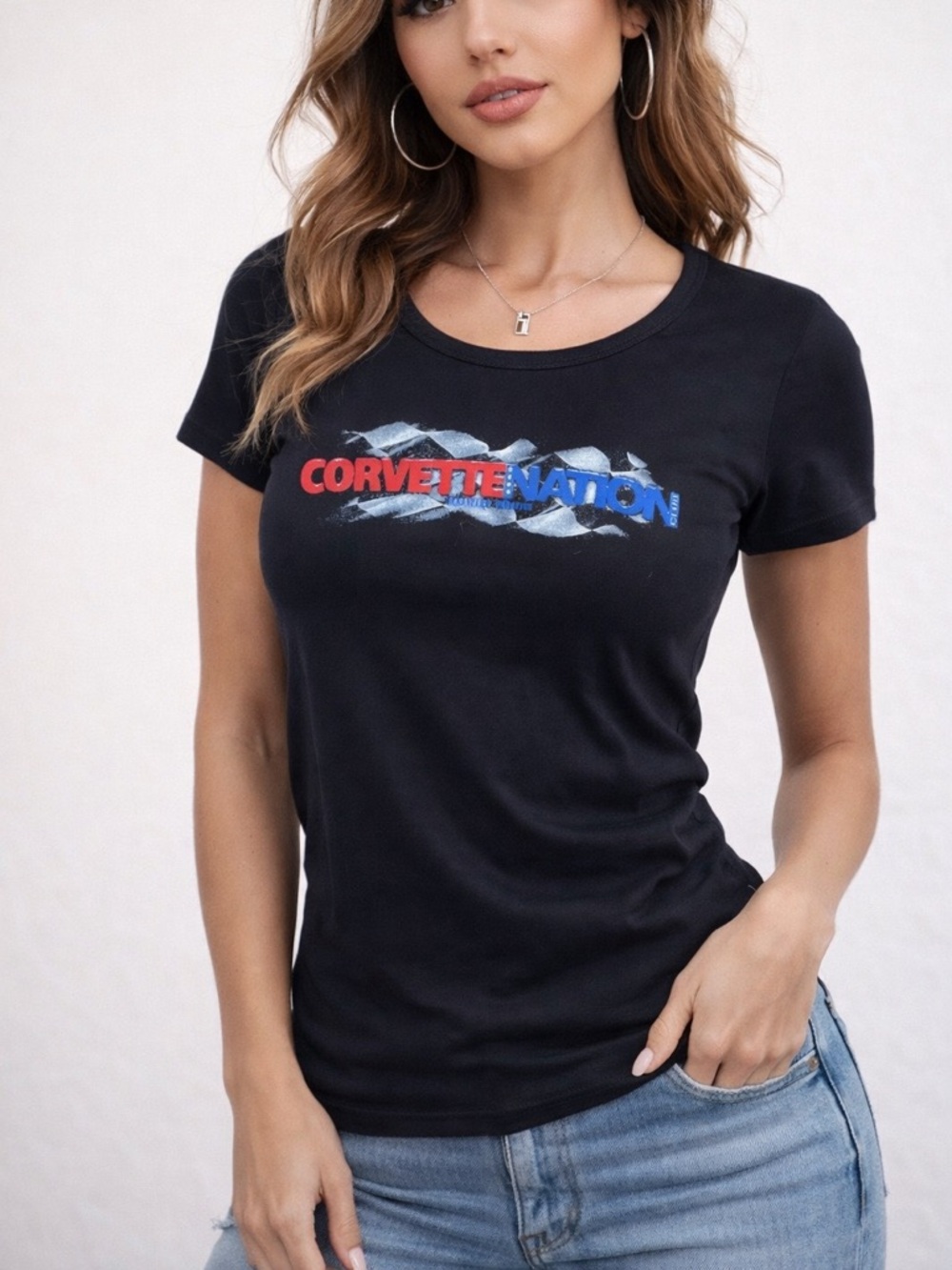 Anvil Corvette Nation Stretchy Scoop Neck Black Graphic Tee Size Medium